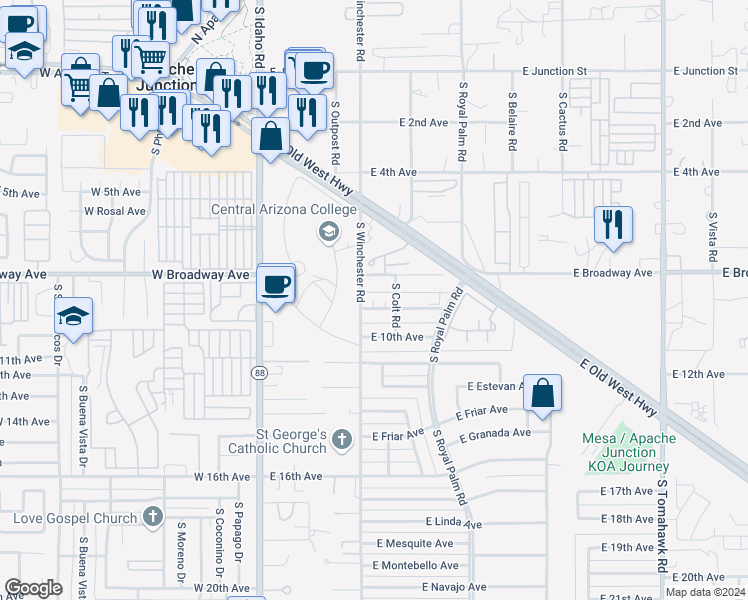 map of restaurants, bars, coffee shops, grocery stores, and more near 425 East 9th Avenue in Apache Junction