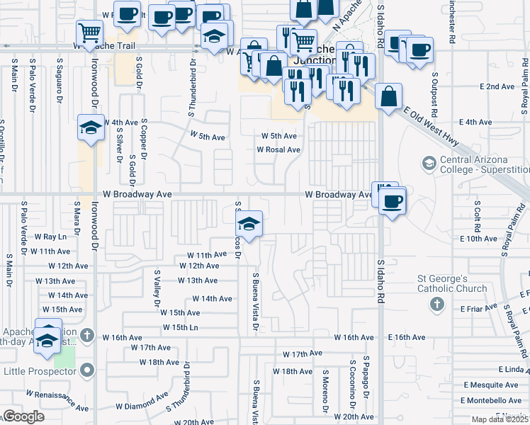 map of restaurants, bars, coffee shops, grocery stores, and more near 901 South Buena Vista Drive in Apache Junction