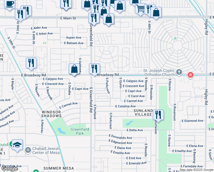 map of restaurants, bars, coffee shops, grocery stores, and more near 515 South Parkcrest in Mesa