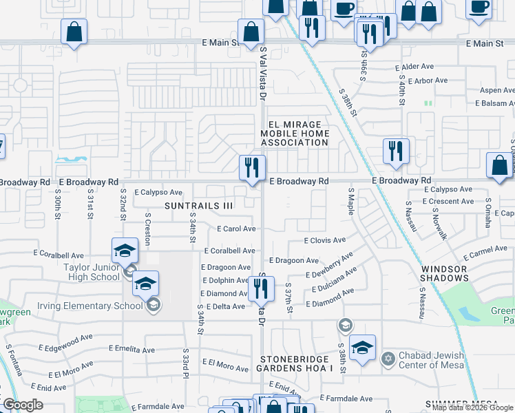 map of restaurants, bars, coffee shops, grocery stores, and more near 3546 East Capri Avenue in Mesa