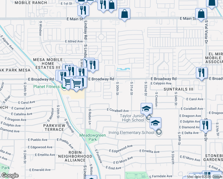map of restaurants, bars, coffee shops, grocery stores, and more near 2929 East Broadway Road in Mesa