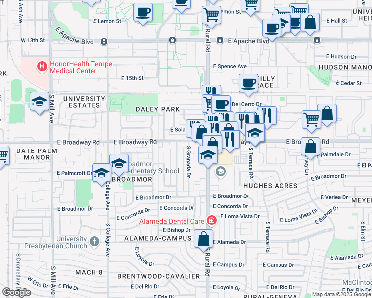 map of restaurants, bars, coffee shops, grocery stores, and more near 2027 South La Rosa Drive in Tempe
