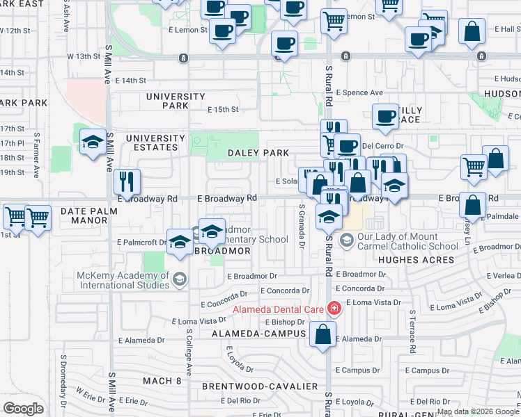 map of restaurants, bars, coffee shops, grocery stores, and more near 2017 South Ventura Drive in Tempe