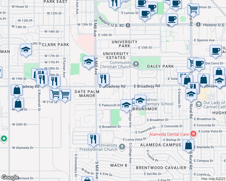 map of restaurants, bars, coffee shops, grocery stores, and more near 121 East Broadway Road in Tempe