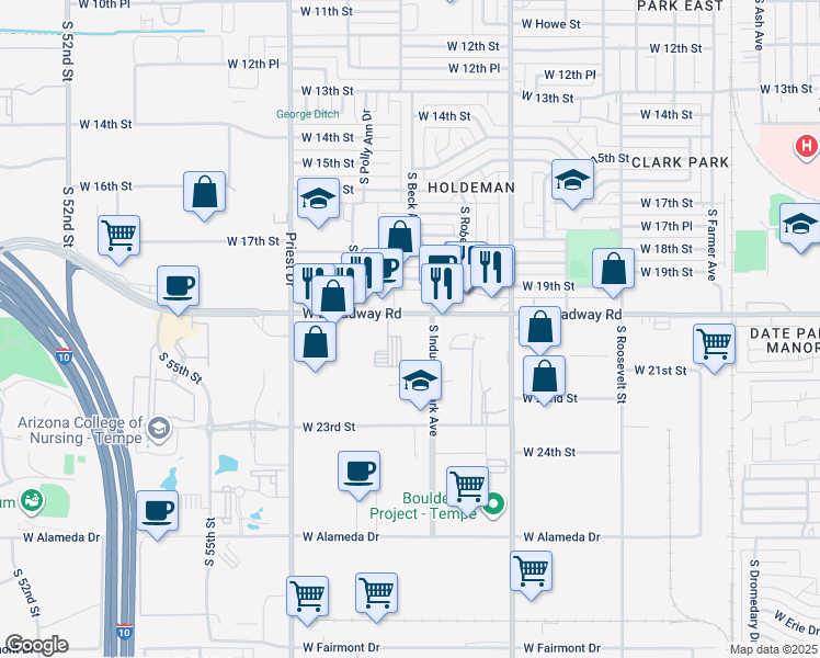 map of restaurants, bars, coffee shops, grocery stores, and more near 2032 South Industrial Park Avenue in Tempe