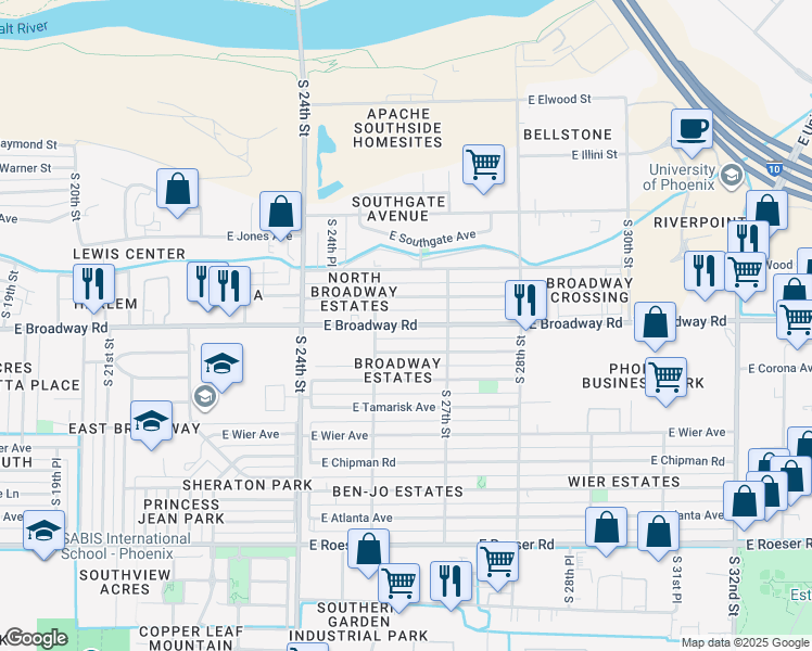 map of restaurants, bars, coffee shops, grocery stores, and more near 2515 East Broadway Road in Phoenix