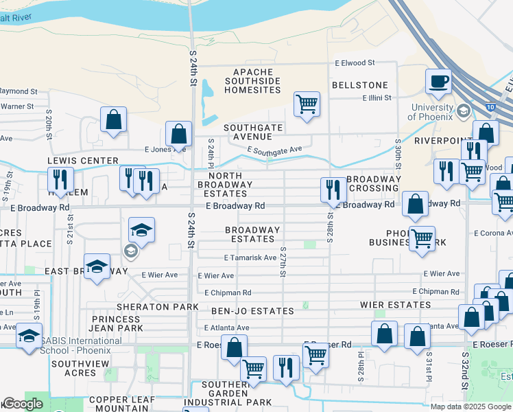 map of restaurants, bars, coffee shops, grocery stores, and more near 2515 East Broadway Road in Phoenix