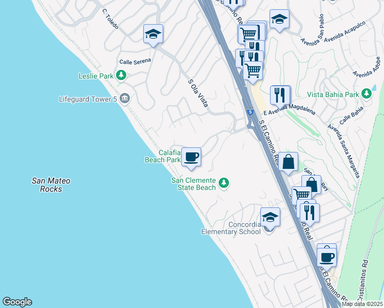 map of restaurants, bars, coffee shops, grocery stores, and more near 250 Avenida Lobeiro in San Clemente