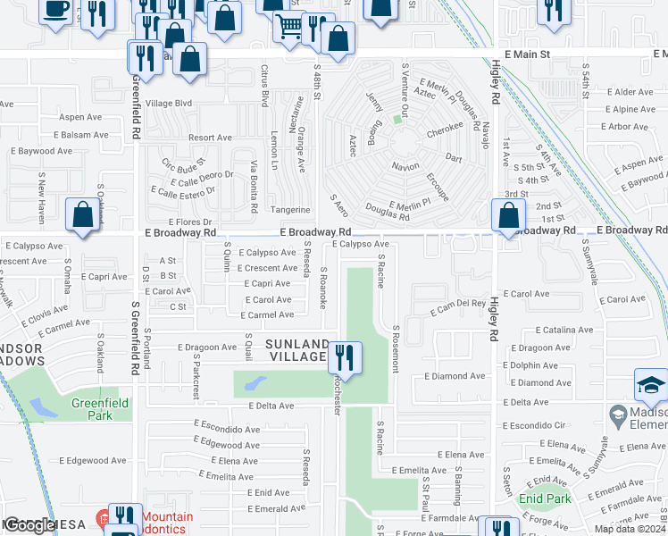 map of restaurants, bars, coffee shops, grocery stores, and more near 452 South Rochester in Mesa
