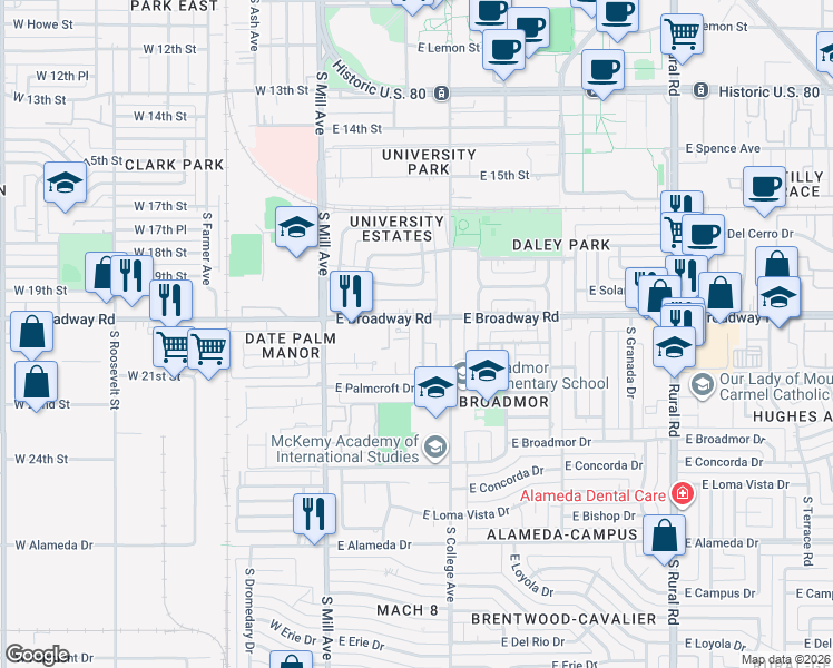 map of restaurants, bars, coffee shops, grocery stores, and more near 2021 South Forest Avenue in Tempe