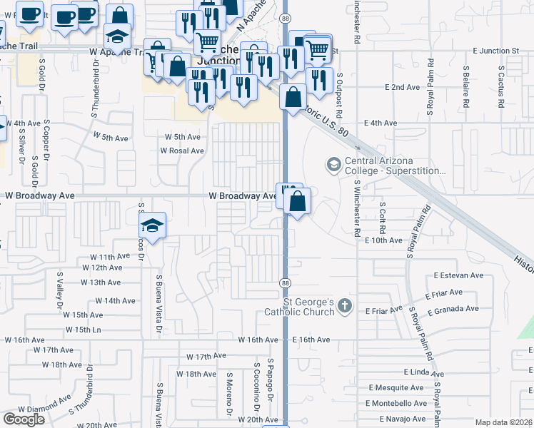 map of restaurants, bars, coffee shops, grocery stores, and more near 531 East Broadway Avenue in Apache Junction