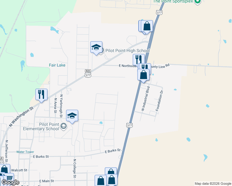 map of restaurants, bars, coffee shops, grocery stores, and more near 1100 U.S. 377 in Pilot Point