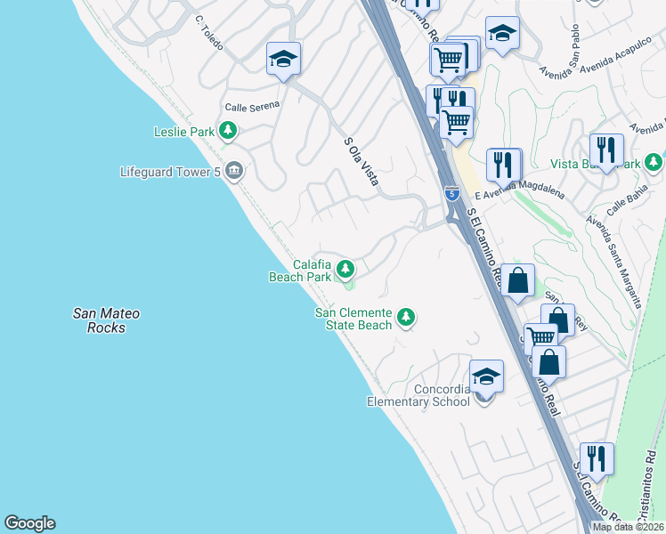 map of restaurants, bars, coffee shops, grocery stores, and more near 256 Avenida Lobeiro in San Clemente