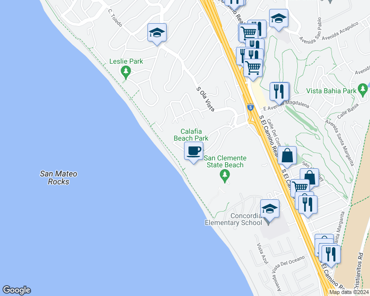 map of restaurants, bars, coffee shops, grocery stores, and more near 250 Avenida Lobeiro in San Clemente