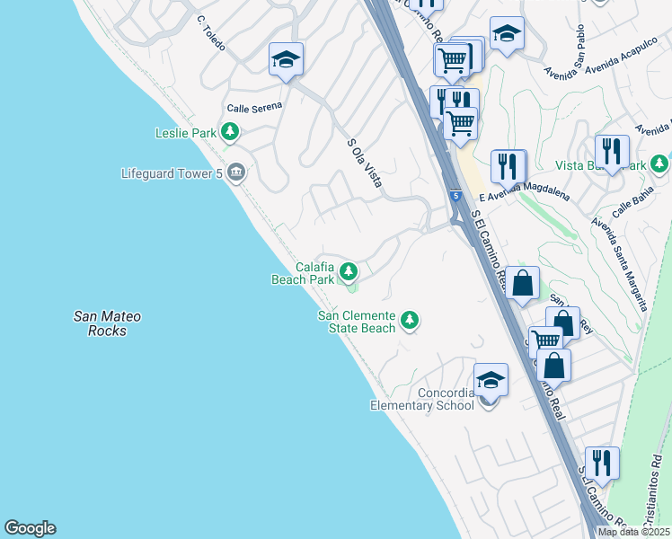 map of restaurants, bars, coffee shops, grocery stores, and more near 256 Avenida Lobeiro in San Clemente