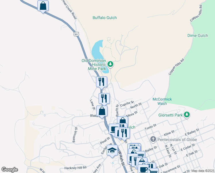 map of restaurants, bars, coffee shops, grocery stores, and more near Murphy Street in Globe