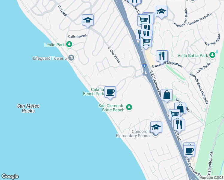 map of restaurants, bars, coffee shops, grocery stores, and more near 250 Avenida Lobeiro in San Clemente