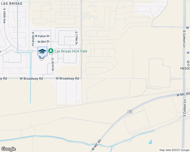 map of restaurants, bars, coffee shops, grocery stores, and more near West Broadway Road in Goodyear