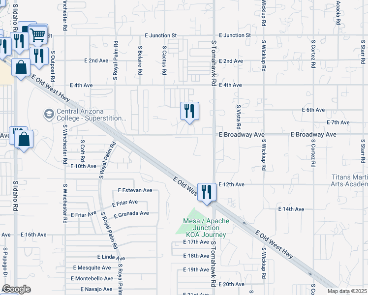 map of restaurants, bars, coffee shops, grocery stores, and more near 1133 South Broadway Lane in Apache Junction