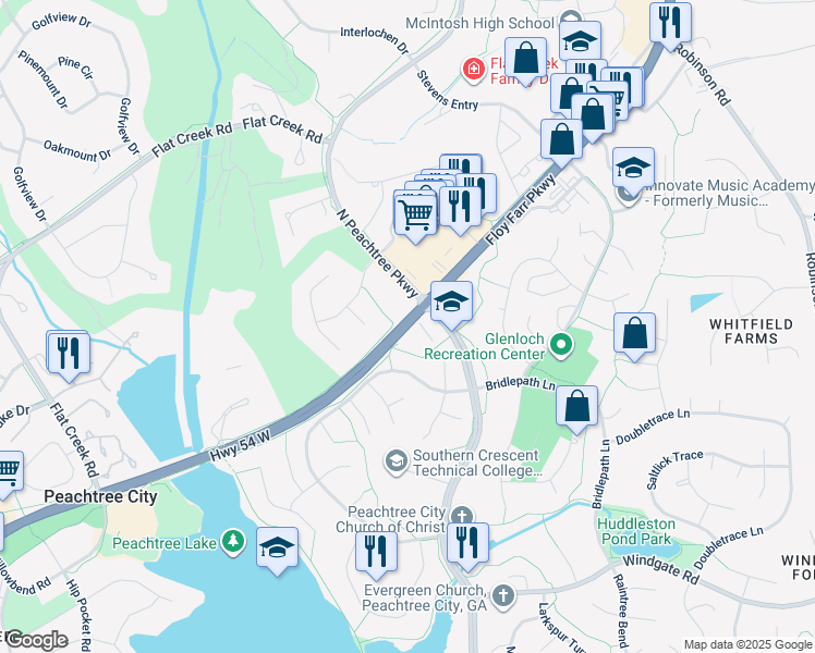 map of restaurants, bars, coffee shops, grocery stores, and more near West Lanier Avenue in Peachtree City