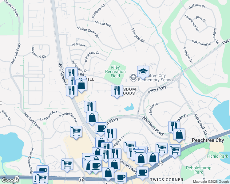 map of restaurants, bars, coffee shops, grocery stores, and more near 100 Wisdom Circle in Peachtree City