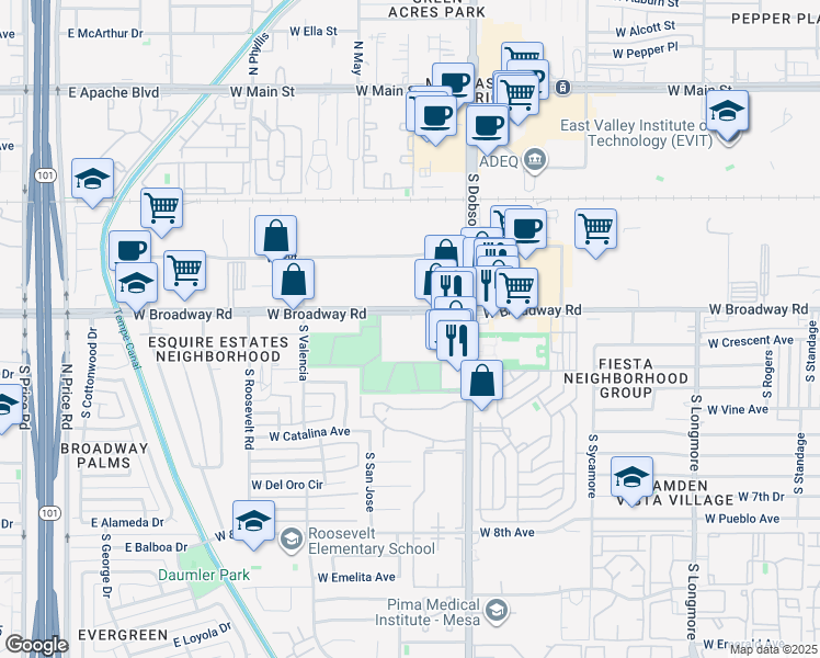 map of restaurants, bars, coffee shops, grocery stores, and more near 2107 West Broadway Road in Mesa