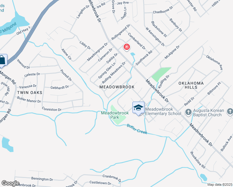 map of restaurants, bars, coffee shops, grocery stores, and more near 3632 Larkspur Drive in Augusta