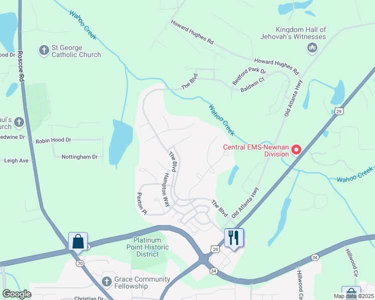 map of restaurants, bars, coffee shops, grocery stores, and more near 273 The Boulevard in Newnan