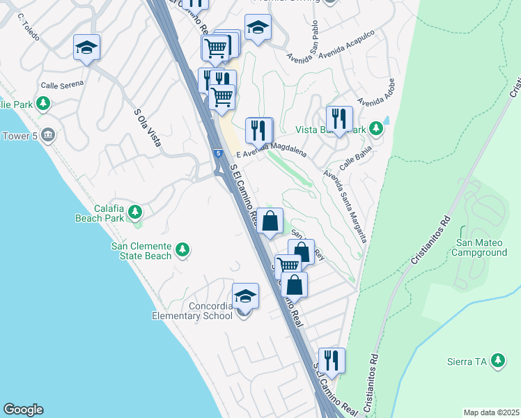 map of restaurants, bars, coffee shops, grocery stores, and more near 2719 South El Camino Real in San Clemente