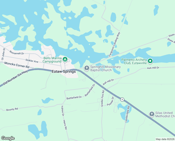 map of restaurants, bars, coffee shops, grocery stores, and more near 13025 Old Number Six Highway in Eutawville