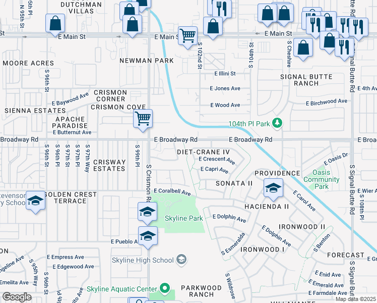 map of restaurants, bars, coffee shops, grocery stores, and more near 454 South Chatsworth in Mesa