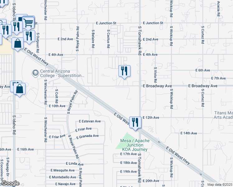 map of restaurants, bars, coffee shops, grocery stores, and more near 1133 South Broadway Lane in Apache Junction