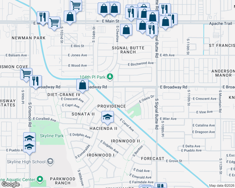 map of restaurants, bars, coffee shops, grocery stores, and more near 440 South Sabrina in Mesa