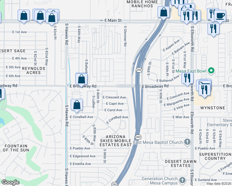 map of restaurants, bars, coffee shops, grocery stores, and more near 8655 East Crescent Avenue in Mesa