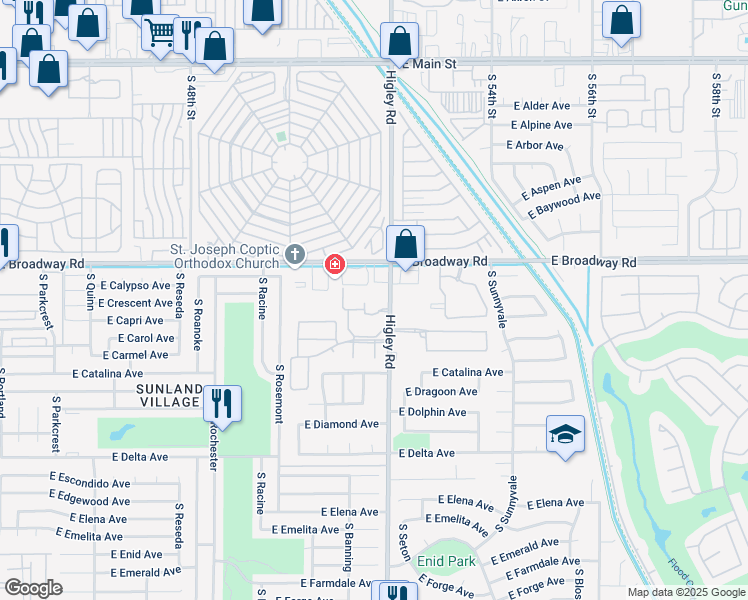 map of restaurants, bars, coffee shops, grocery stores, and more near 490 South Higley Road in Mesa