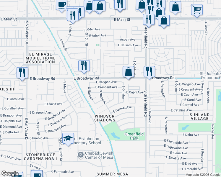 map of restaurants, bars, coffee shops, grocery stores, and more near 4165 East Carol Avenue in Mesa