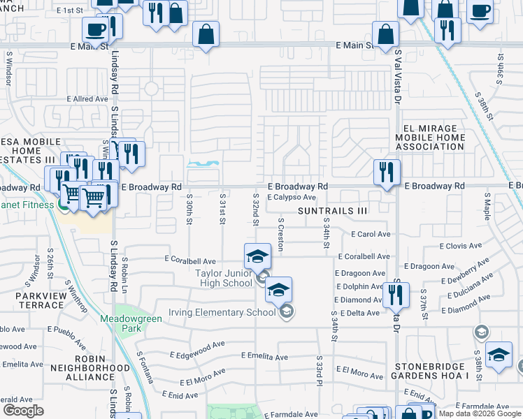 map of restaurants, bars, coffee shops, grocery stores, and more near 3209 East Crescent Avenue in Mesa