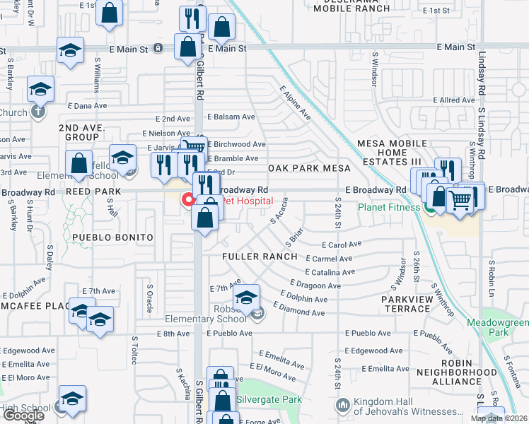 map of restaurants, bars, coffee shops, grocery stores, and more near 450 South Acacia in Mesa