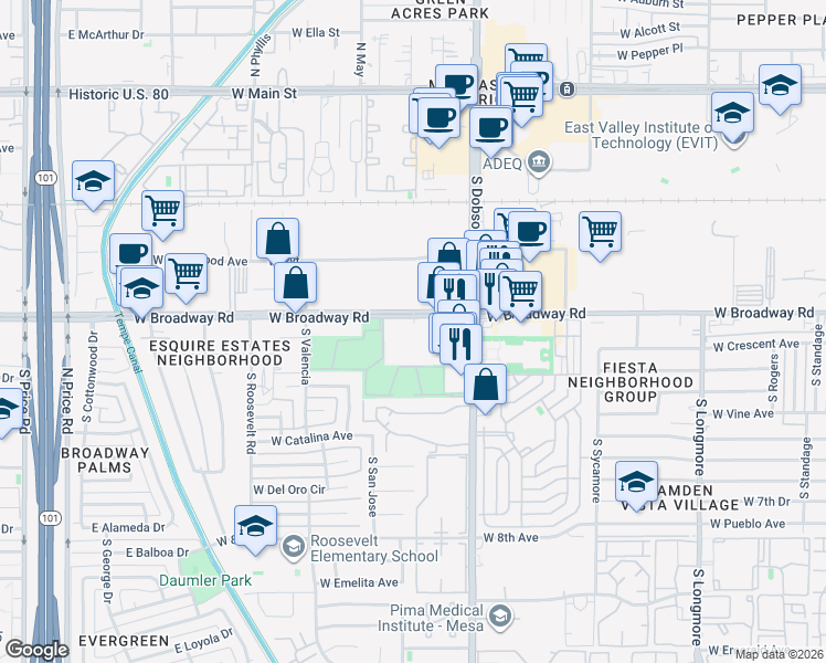 map of restaurants, bars, coffee shops, grocery stores, and more near 2107 West Broadway Road in Mesa
