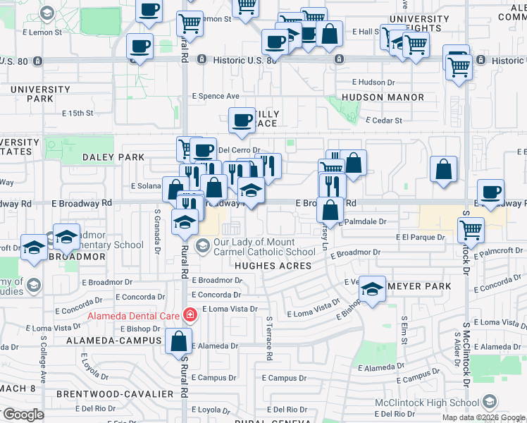 map of restaurants, bars, coffee shops, grocery stores, and more near 1207 East Broadway Road in Tempe