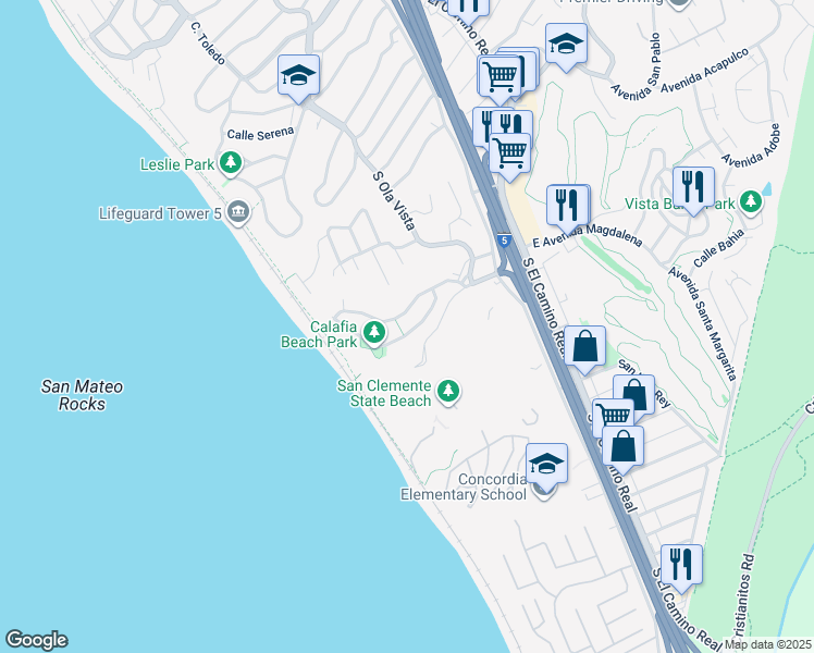 map of restaurants, bars, coffee shops, grocery stores, and more near 233 Avenida Lobeiro in San Clemente