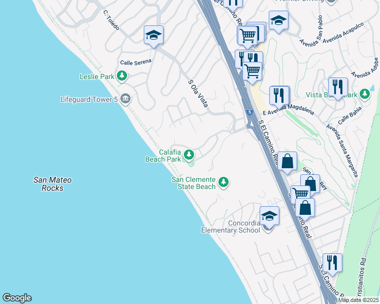 map of restaurants, bars, coffee shops, grocery stores, and more near in San Clemente