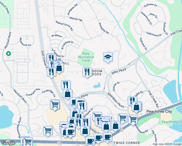 map of restaurants, bars, coffee shops, grocery stores, and more near 100 Wisdom Circle in Peachtree City