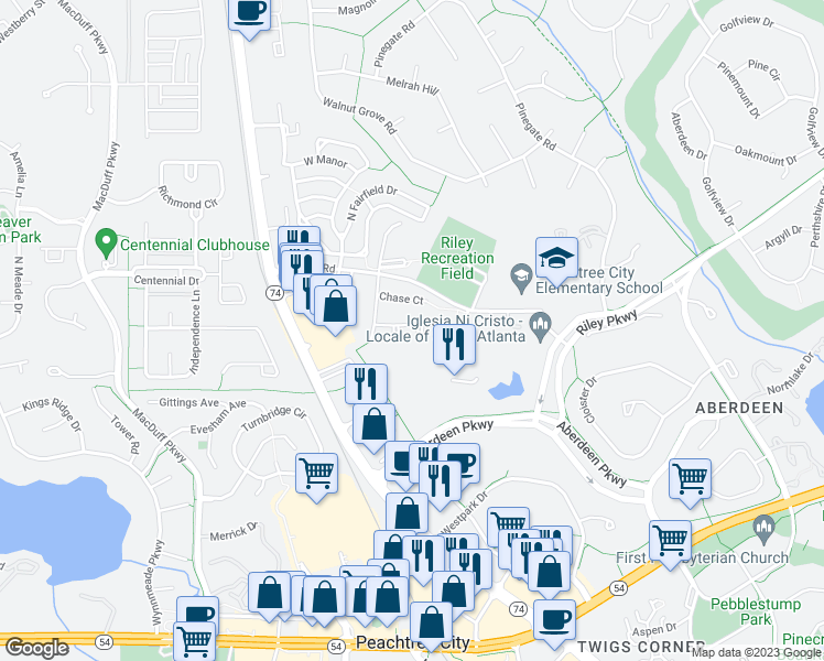 map of restaurants, bars, coffee shops, grocery stores, and more near 214 Preston Circle in Peachtree City