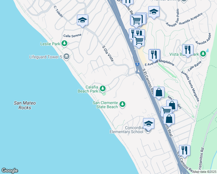 map of restaurants, bars, coffee shops, grocery stores, and more near 235 Avenida Montalvo in San Clemente