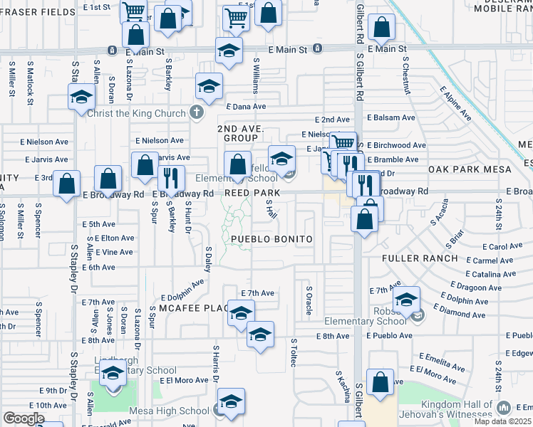 map of restaurants, bars, coffee shops, grocery stores, and more near 440 South Hall in Mesa
