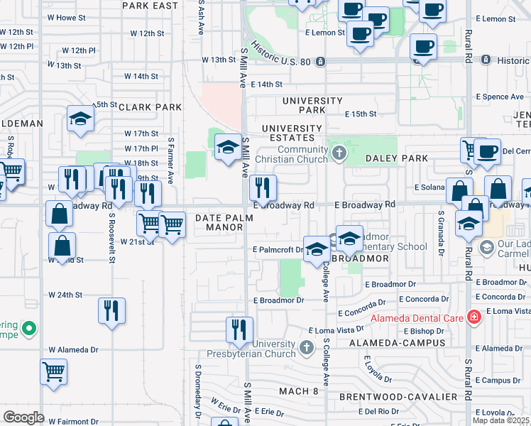 map of restaurants, bars, coffee shops, grocery stores, and more near 29 East Broadway Road in Tempe