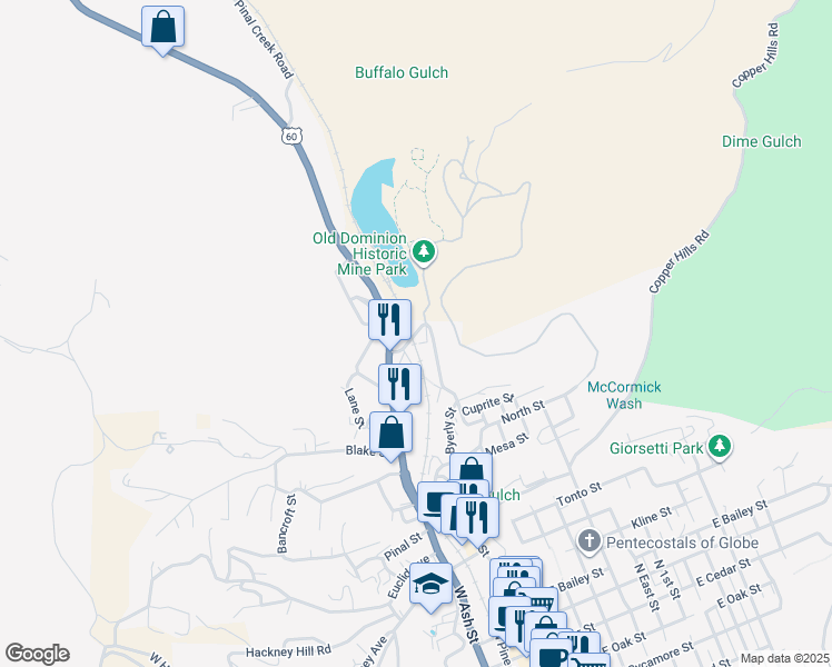 map of restaurants, bars, coffee shops, grocery stores, and more near Murphy Street in Globe