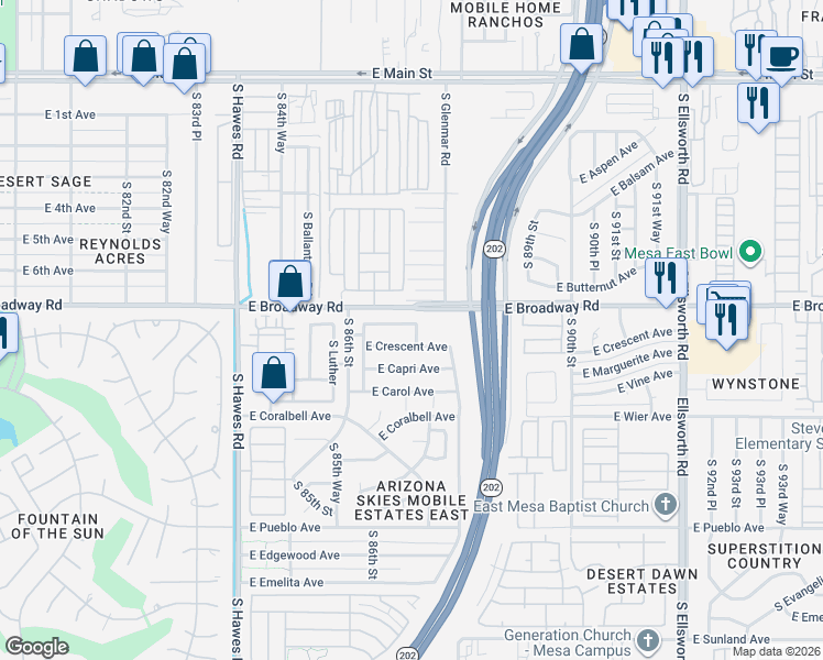 map of restaurants, bars, coffee shops, grocery stores, and more near 8655 East Crescent Avenue in Mesa