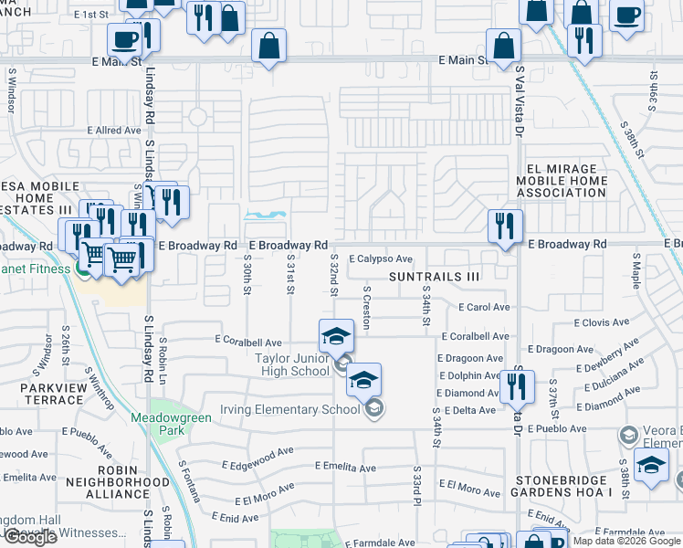 map of restaurants, bars, coffee shops, grocery stores, and more near 3209 East Crescent Avenue in Mesa